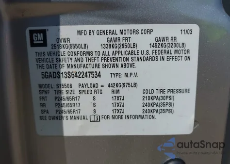 2004 Buick Rainier Cxl из США, поврежденный, VIN 5GADS13S642247534